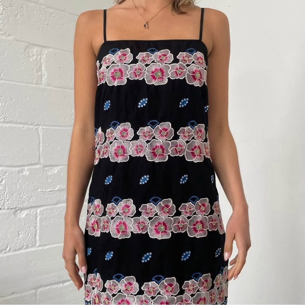 Custo Barcelona Designer Y2K Black Dress with Pink Floral Embroidered Accents